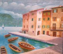 Pastello ad olio su legno 'lago di Garda' 